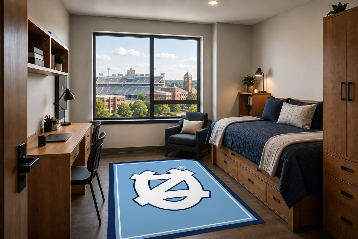 North Carolina Tar Heels Entry Rug in Room Setting - Officially Licensed NCAA Area Rug