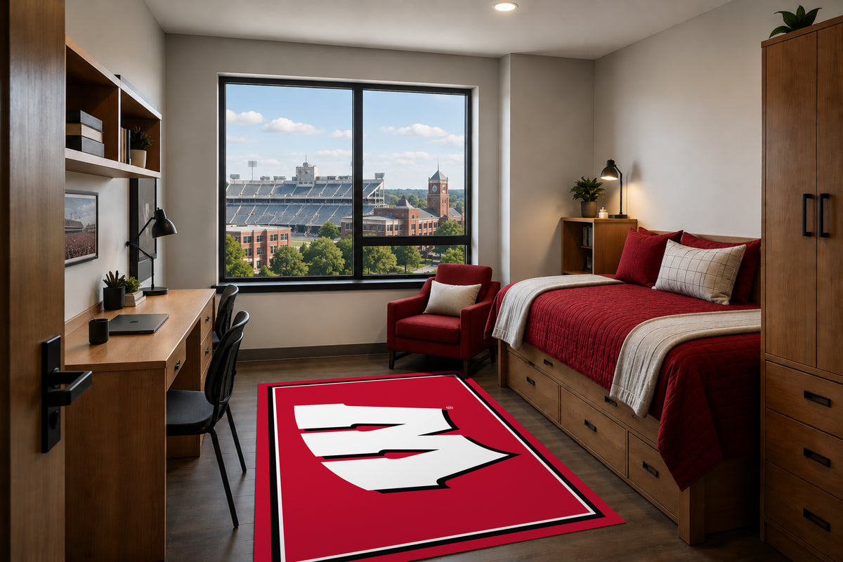 Wisconsin Badgers Entry Rug in Room Setting - Officially Licensed NCAA Area Rug