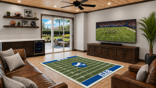 BYU Cougars Homefield Rug in Room Setting - Officially Licensed NCAA Area Rug