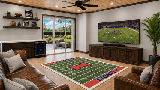 Illinois Fighting Illini Homefield Rug in Room Setting - Officially Licensed NCAA Area Rug