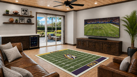LSU Tigers Homefield Rug in Room Setting - Officially Licensed NCAA Area Rug