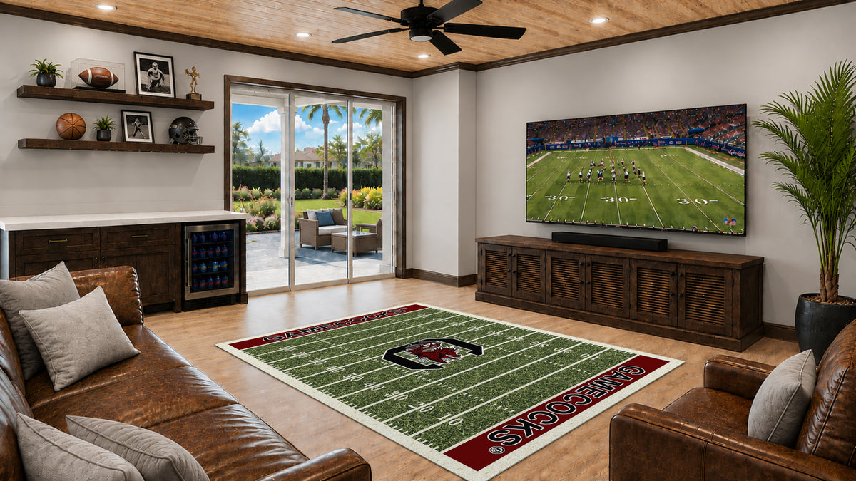 South Carolina Gamecocks Homefield Rug in Room Setting - Officially Licensed NCAA Area Rug