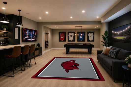 Arkansas Razorbacks Spirit Rug in Room Setting - Officially Licensed NCAA Area Rug