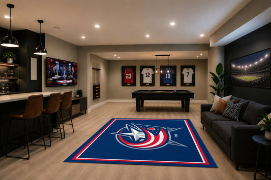 Columbus Blue Jackets Spirit Rug in Room Setting - Officially Licensed NHL Area Rug