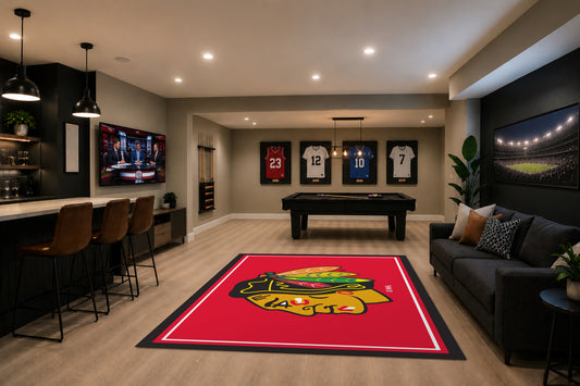 Chicago Blackhawks Spirit Rug in Room Setting - Officially Licensed NHL Area Rug