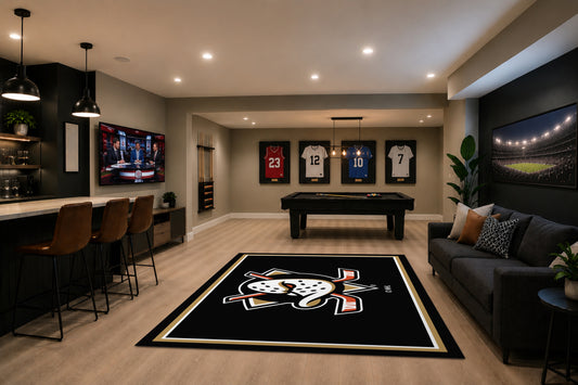 Anaheim Ducks Spirit Rug in Room Setting - Officially Licensed NHL Area Rug