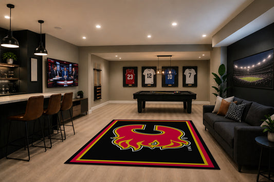Calgary Flames Spirit Rug in Room Setting - Officially Licensed NHL Area Rug