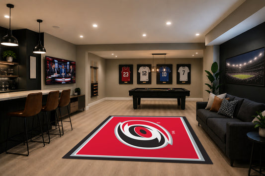 Carolina Hurricanes Spirit Rug in Room Setting - Officially Licensed NHL Area Rug
