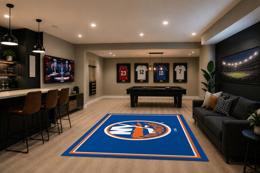 New York Islanders Spirit Rug in Room Setting - Officially Licensed NHL Area Rug