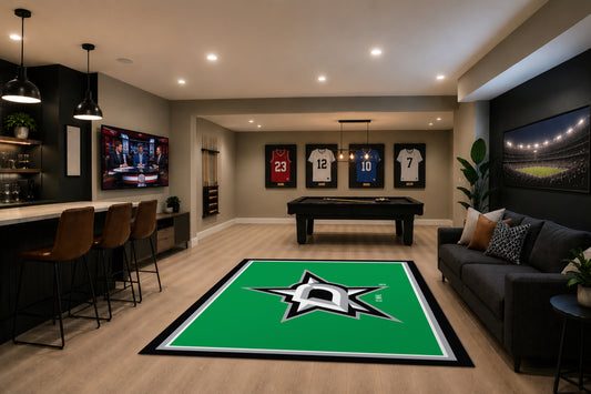 Dallas Stars Spirit Rug in Room Setting - Officially Licensed NHL Area Rug