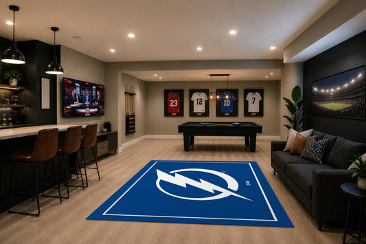 Tampa Bay Lightning Spirit Rug in Room Setting - Officially Licensed NHL Area Rug