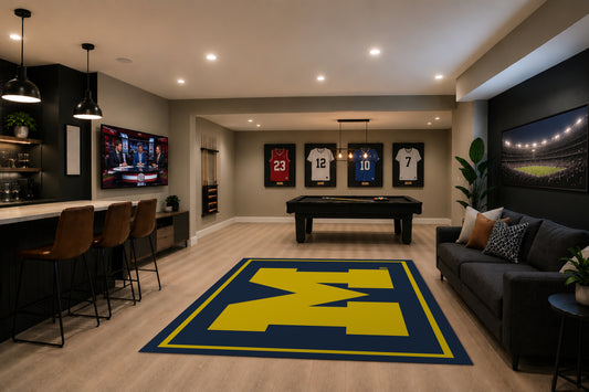 Michigan Wolverines Spirit Rug in Room Setting - Officially Licensed NCAA Area Rug