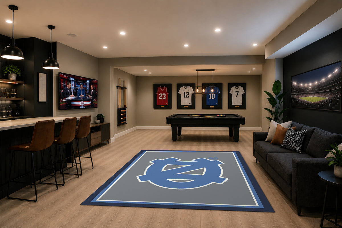 North Carolina Tar Heels Spirit Rug in Room Setting - Officially Licensed NCAA Area Rug