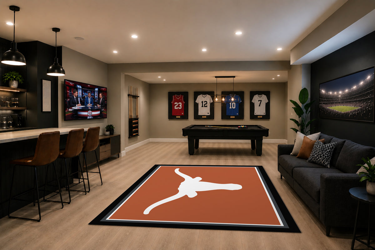 Texas Longhorns Spirit Rug in Room Setting - Officially Licensed NCAA Area Rug
