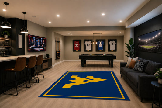 West Virginia Mountaineers Spirit Rug in Room Setting - Officially Licensed NCAA Area Rug