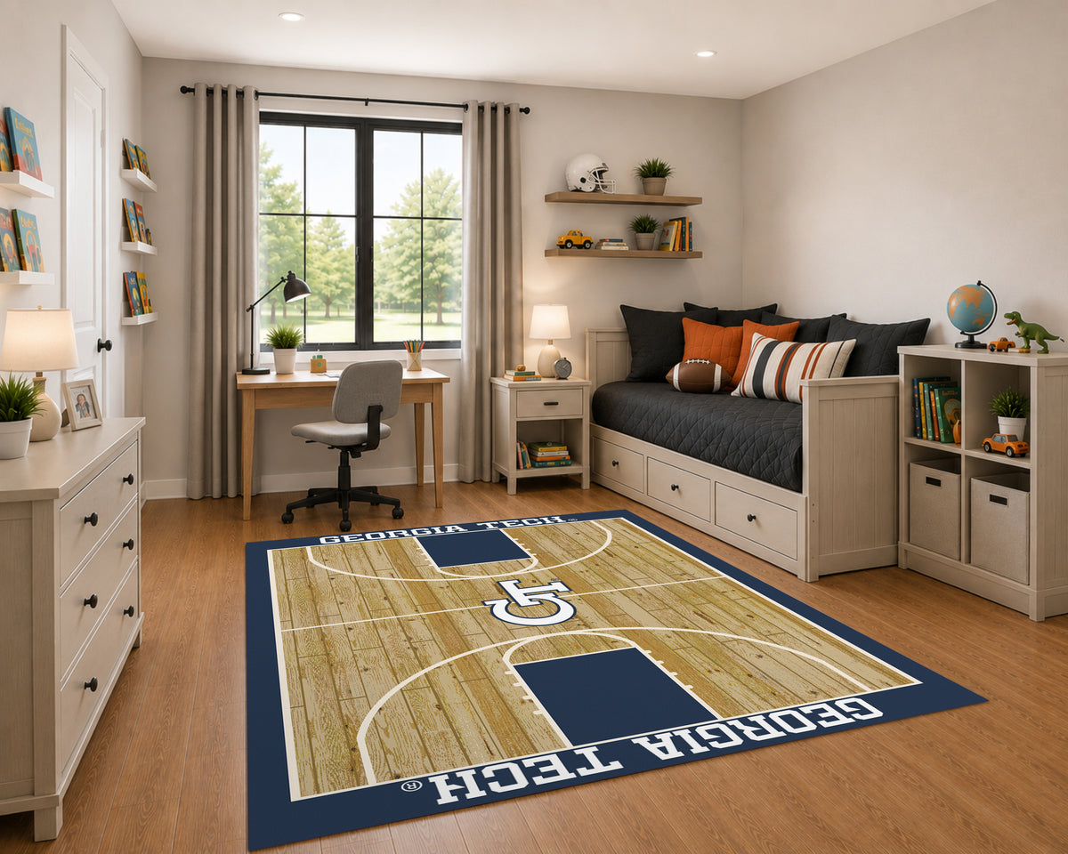 Georgia Tech Yellow Jackets Courtside Rug in Room Setting - Officially Licensed NCAA Area Rug