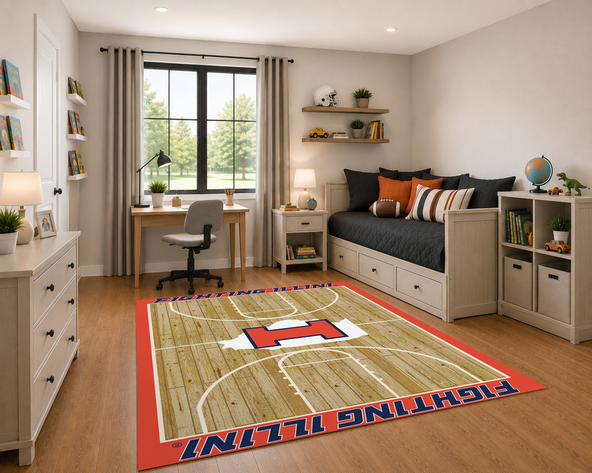 Illinois Fighting Illini Courtside Rug in Room Setting - Officially Licensed NCAA Area Rug