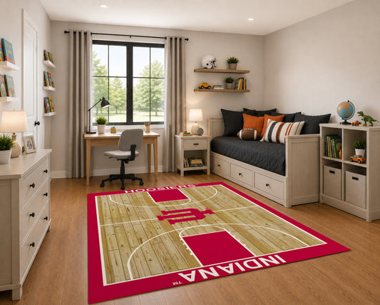 Indiana Hoosiers Courtside Rug in Room Setting - Officially Licensed NCAA Area Rug