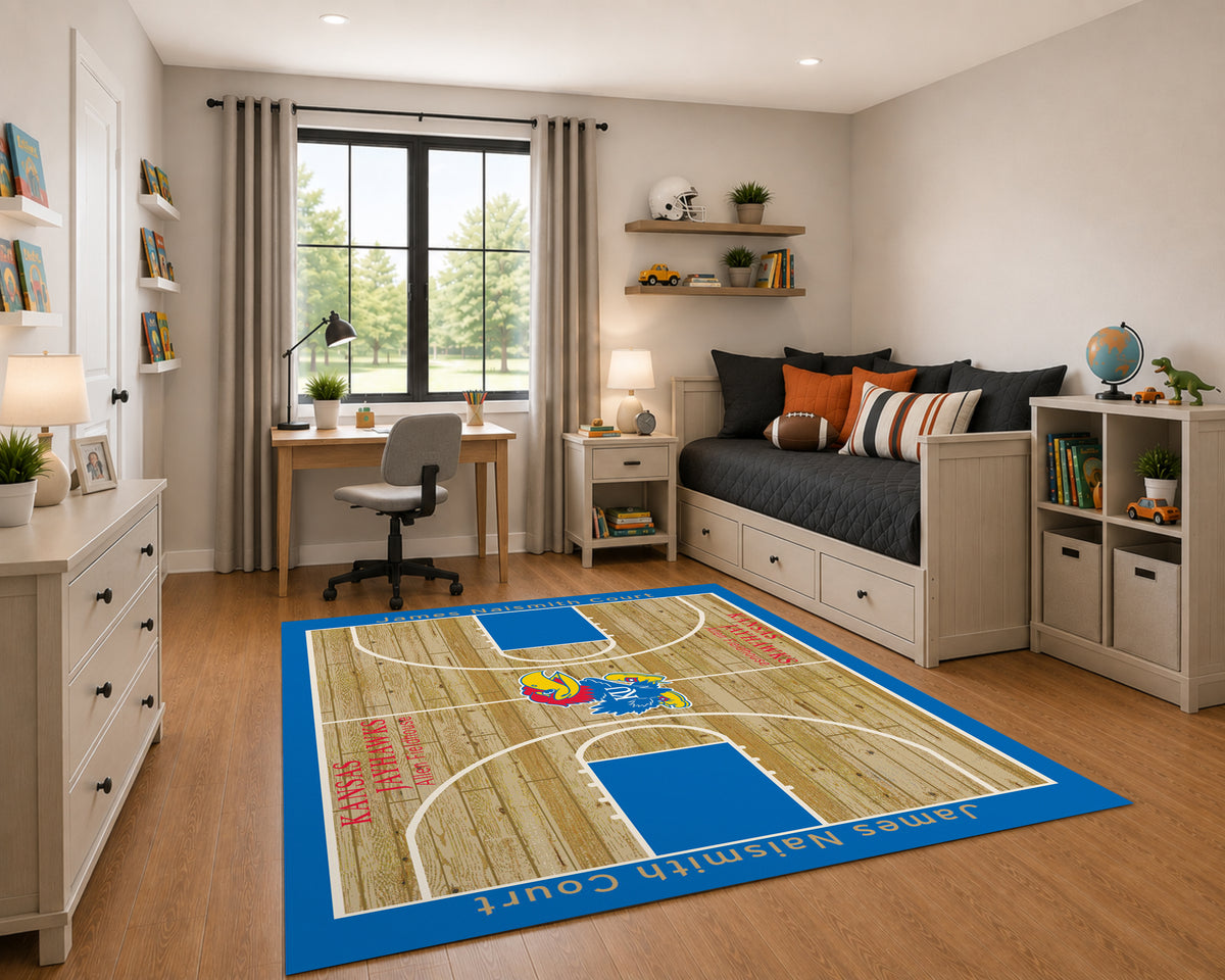 Kansas Jayhawks Courtside Rug in Room Setting - Officially Licensed NCAA Area Rug