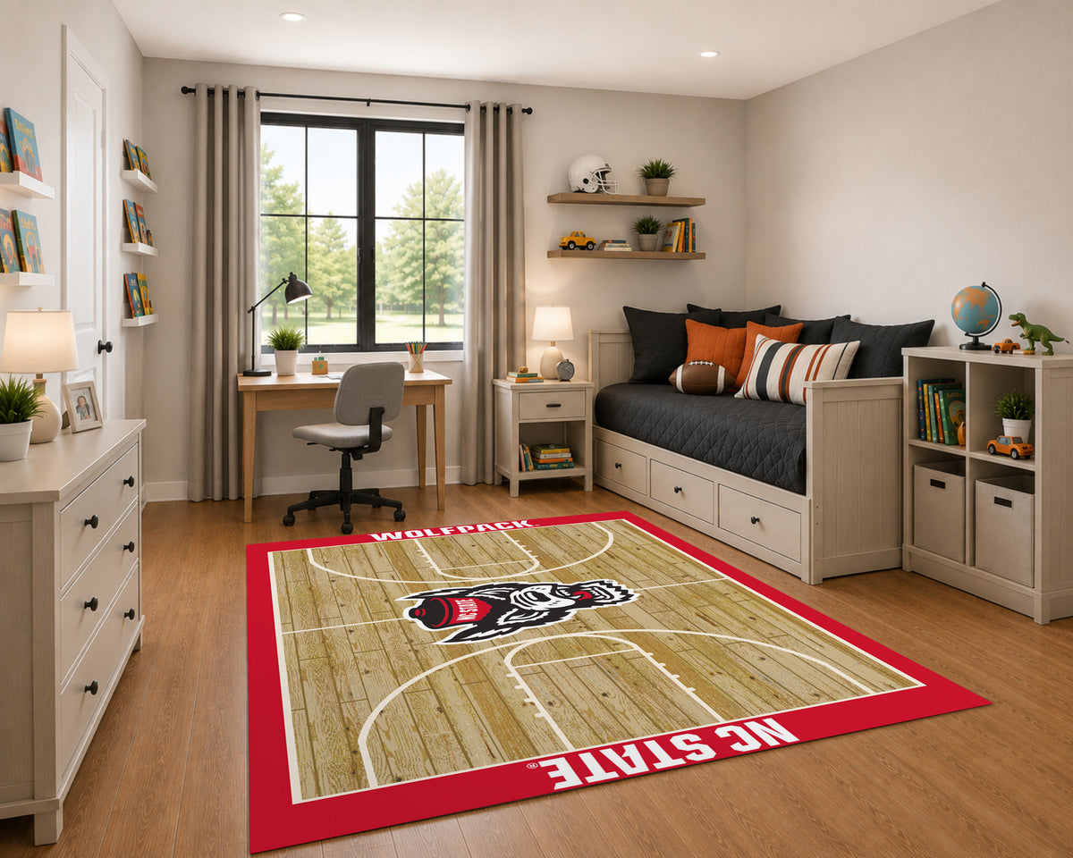 NC State Wolfpack Courtside Rug in Room Setting - Officially Licensed NCAA Area Rug