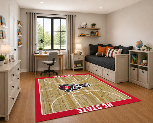 NC State Wolfpack Courtside Rug in Room Setting - Officially Licensed NCAA Area Rug