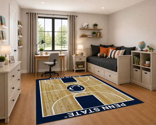 Penn State Nittany Lions Courtside Rug in Room Setting - Officially Licensed NCAA Area Rug