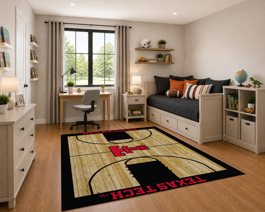 Texas Tech Red Raiders Courtside Rug in Room Setting - Officially Licensed NCAA Area Rug