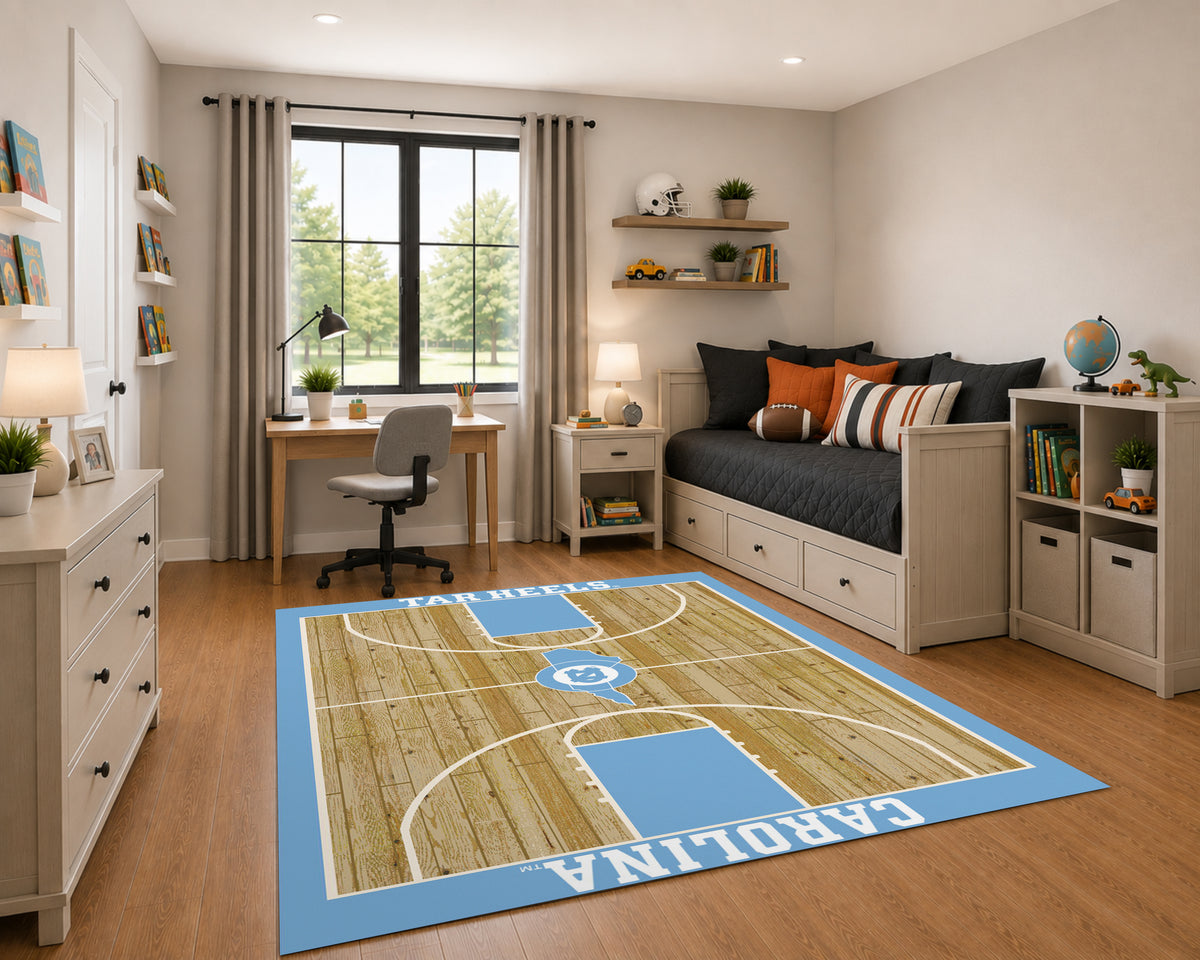 North Carolina Tar Heels Courtside Rug in Room Setting - Officially Licensed NCAA Area Rug