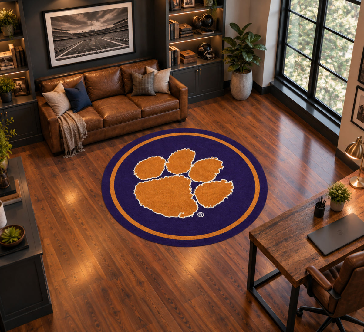 Clemson Tigers Round Spirit Rug in Room Setting - Officially Licensed NCAA Area Rug