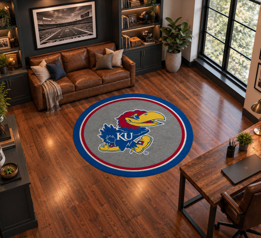 Kansas Jayhawks Round Spirit Rug in Room Setting - Officially Licensed NCAA Area Rug