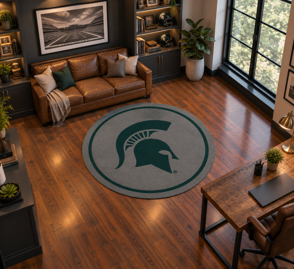 Michigan State Spartans Round Spirit Rug in Room Setting - Officially Licensed NCAA Area Rug