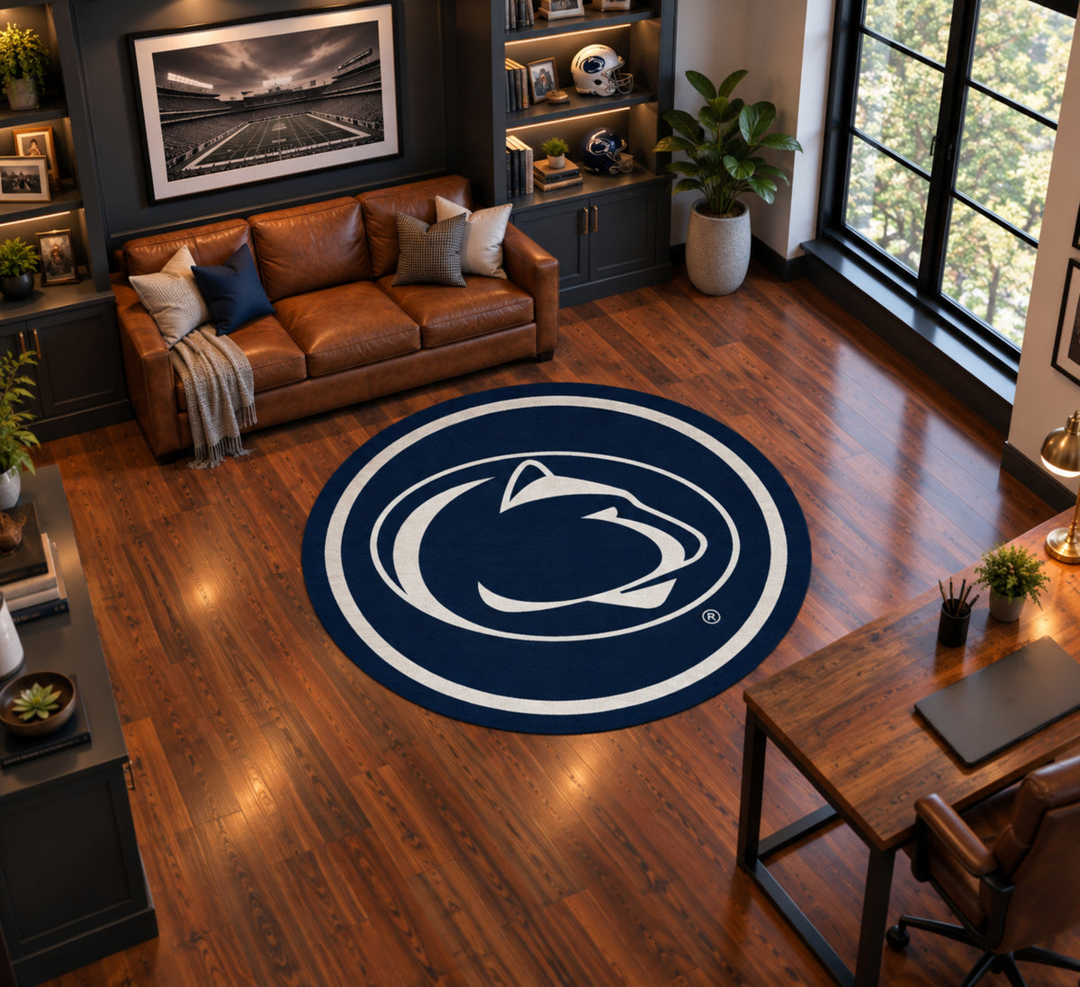 Penn State Nittany Lions Round Spirit Rug in Room Setting - Officially Licensed NCAA Area Rug