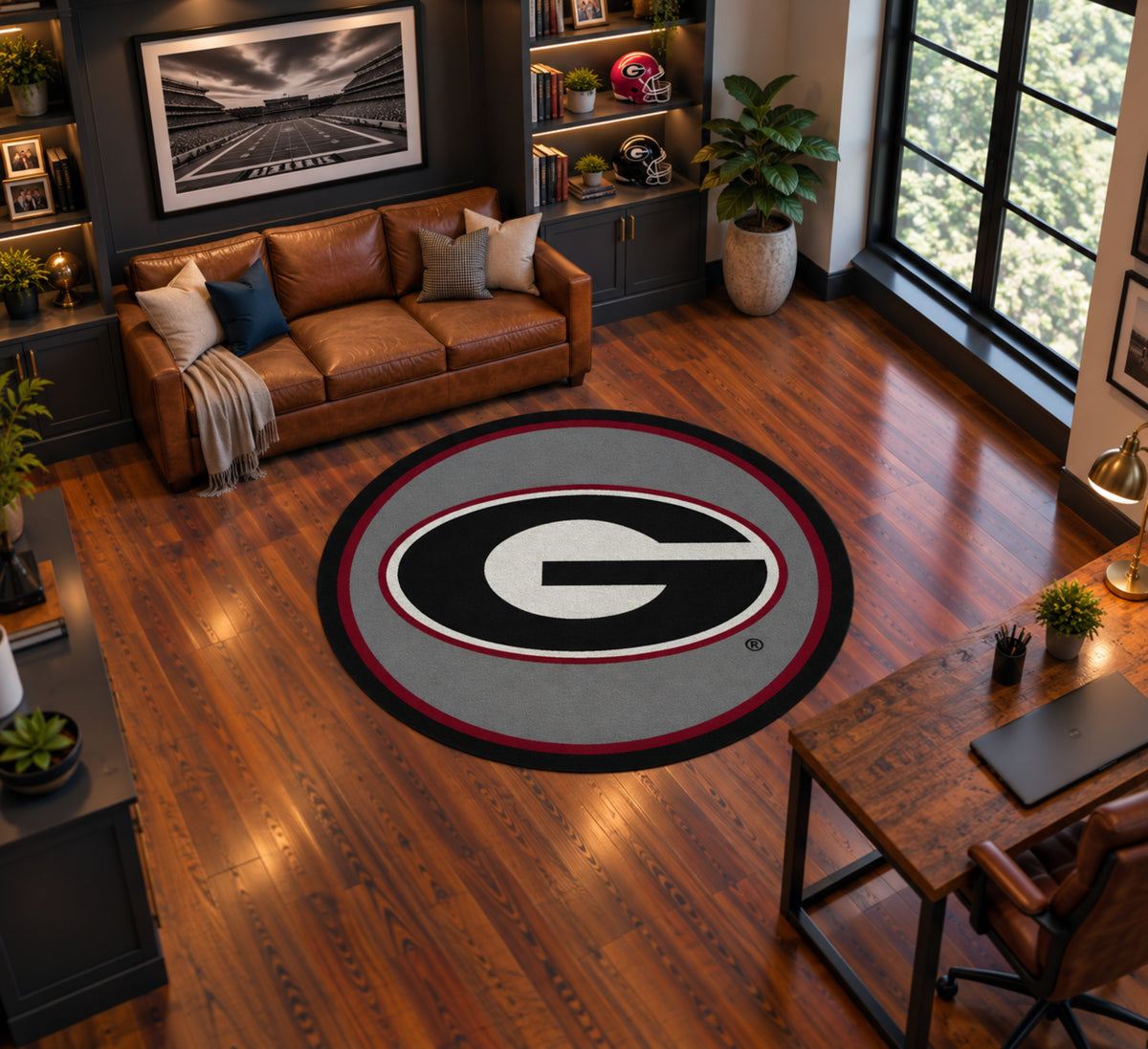 Georgia Bulldogs Round Spirit Rug in Room Setting - Officially Licensed NCAA Area Rug