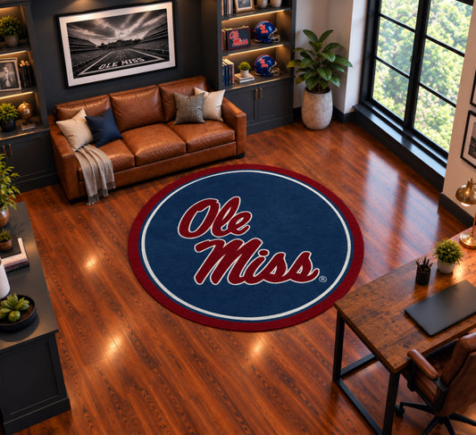 Mississippi Rebels Round Spirit Rug in Room Setting - Officially Licensed NCAA Area Rug