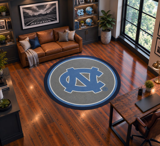North Carolina Tar Heels Round Spirit Rug in Room Setting - Officially Licensed NCAA Area Rug