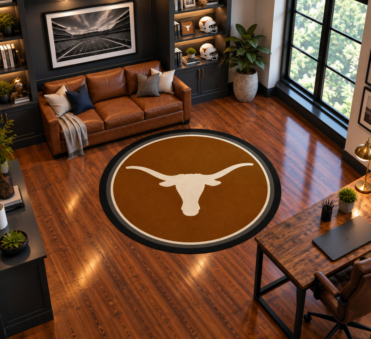 Texas Longhorns Round Spirit Rug in Room Setting - Officially Licensed NCAA Area Rug