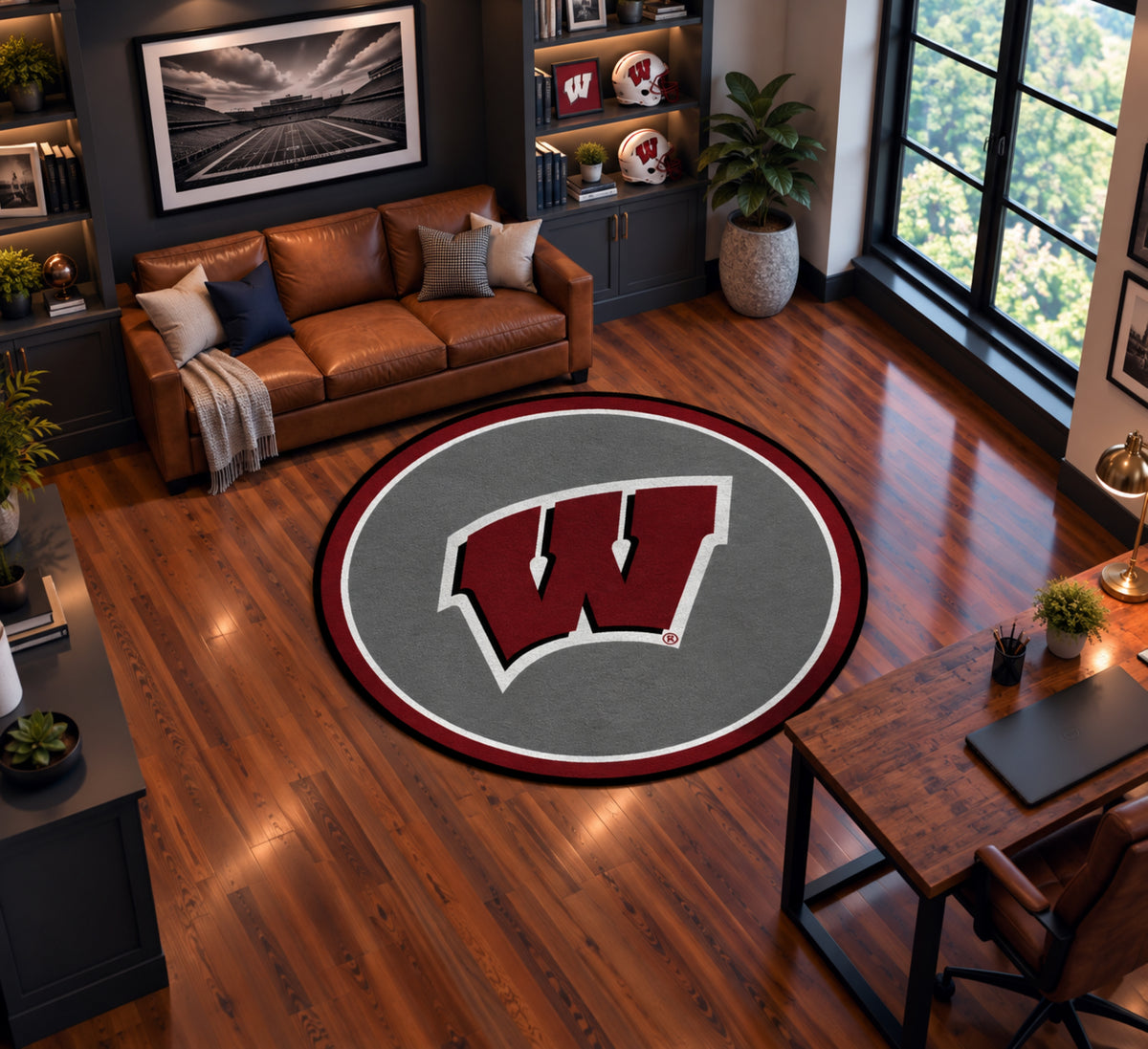 Wisconsin Badgers Round Spirit Rug in Room Setting - Officially Licensed NCAA Area Rug