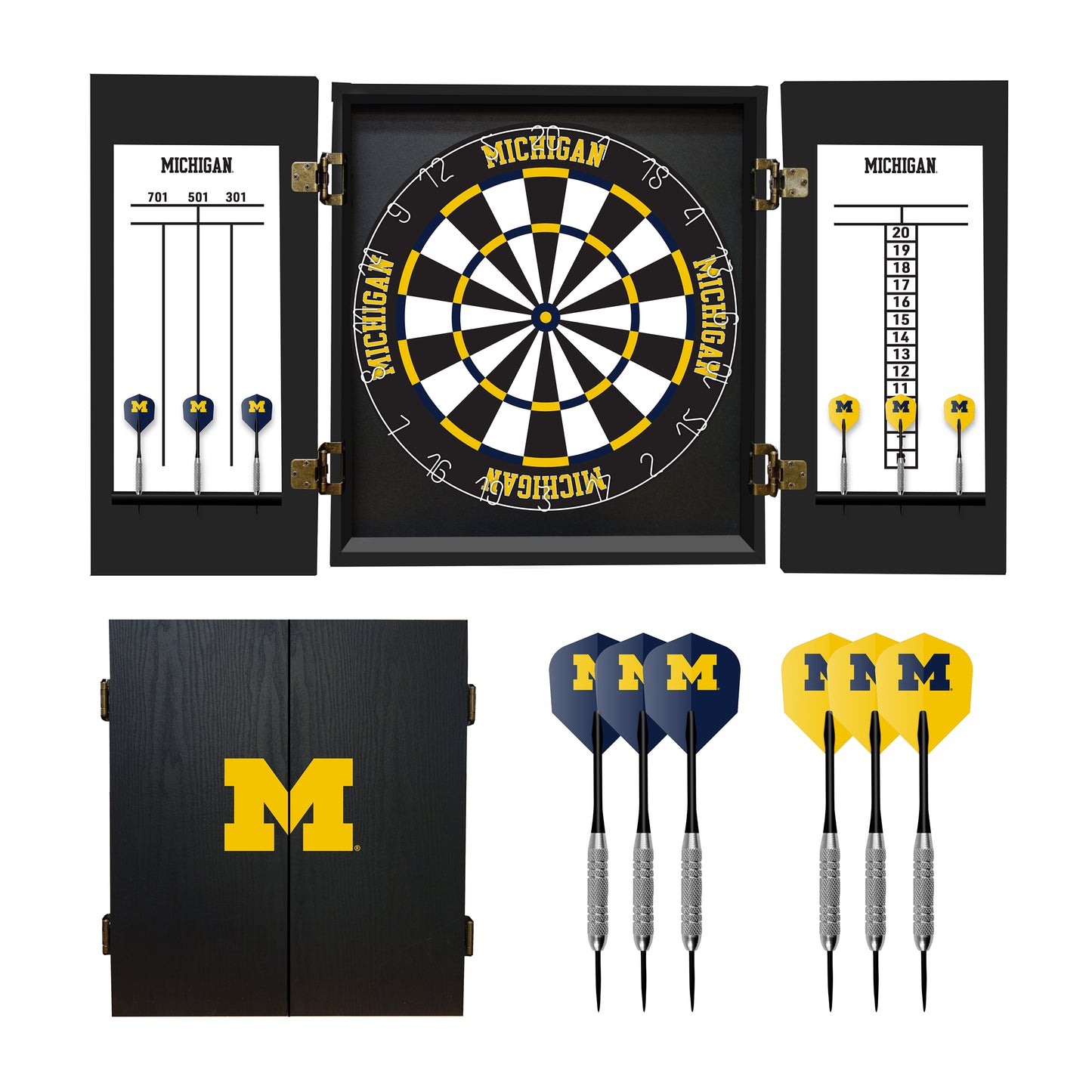 Michigan Wolverines Dartboard Cabinet Set - Officially Licensed NCAA Game Room