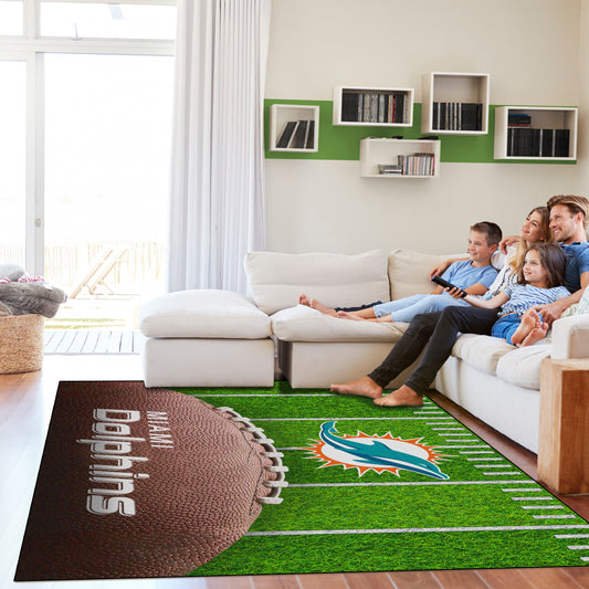 Miami Dolphins washable football field rug lifestyle