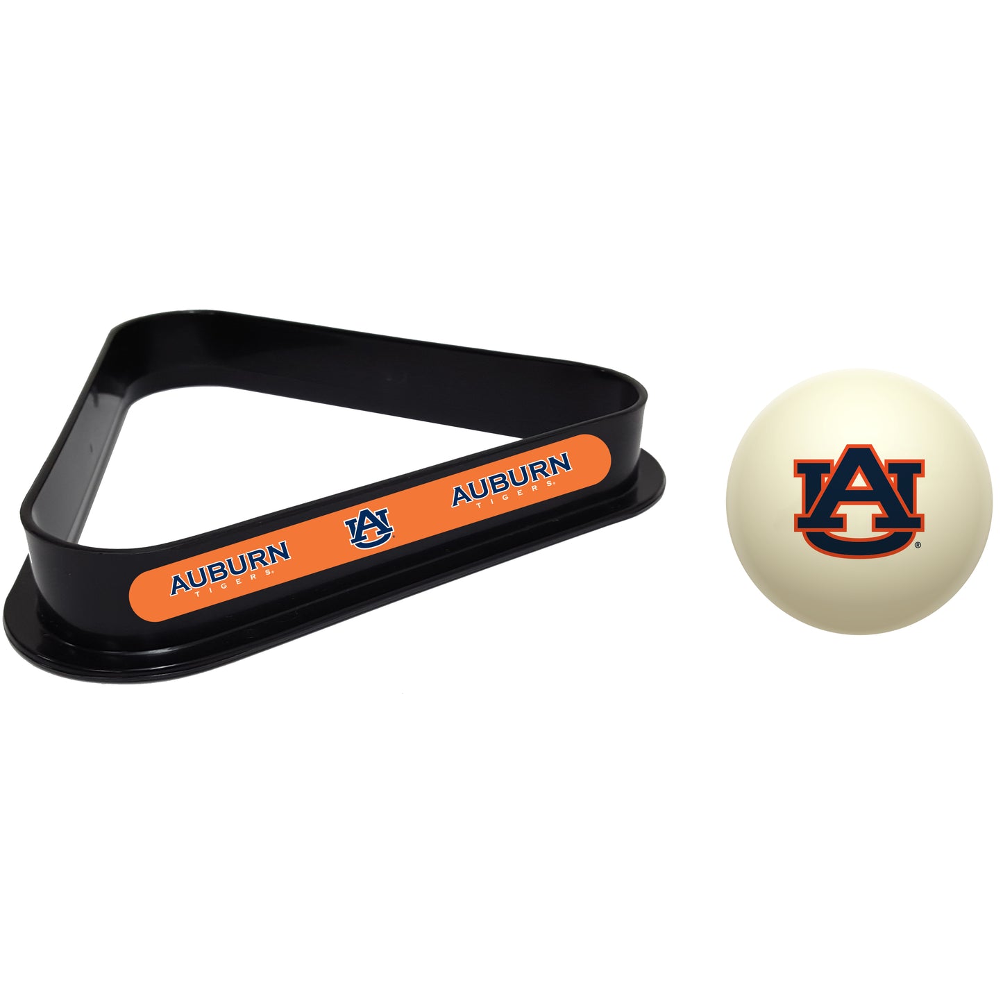 Buy Official Auburn-Tigers-Pool-Cue-Ball-Triangle-Rack-Set Regulation Cue Ball and Ball Rack Set - Premium Collegiate Billiards Combo View