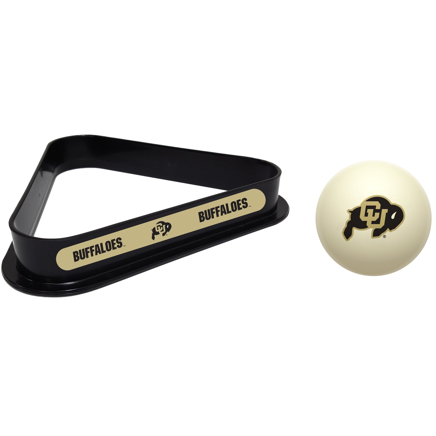 Buy Official Colorado-Buffaloes-Pool-Cue-Ball-Triangle-Rack-Set Regulation Cue Ball and Ball Rack Set - Premium Collegiate Billiards Combo View