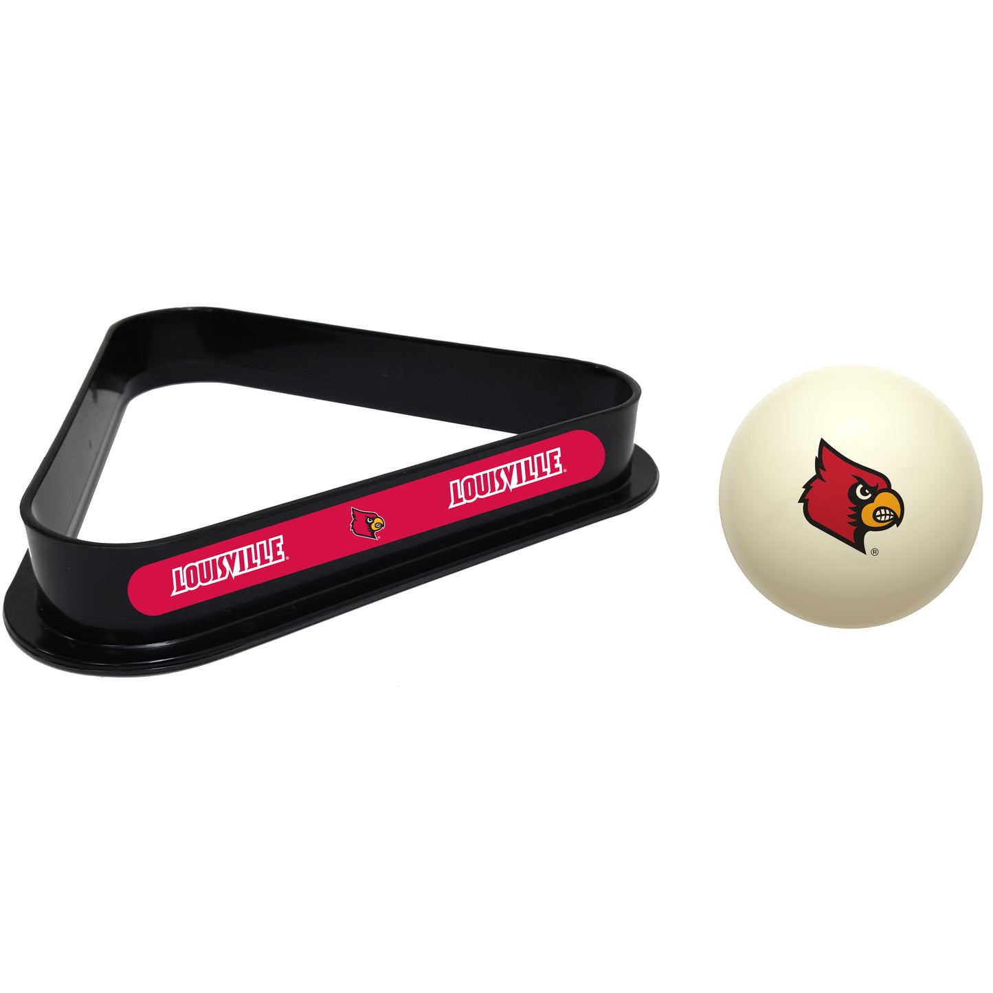 Buy Official Louisville-Cardinals-Pool-Cue-Ball-Triangle-Rack-Set Regulation Cue Ball and Ball Rack Set - Premium Collegiate Billiards Combo View
