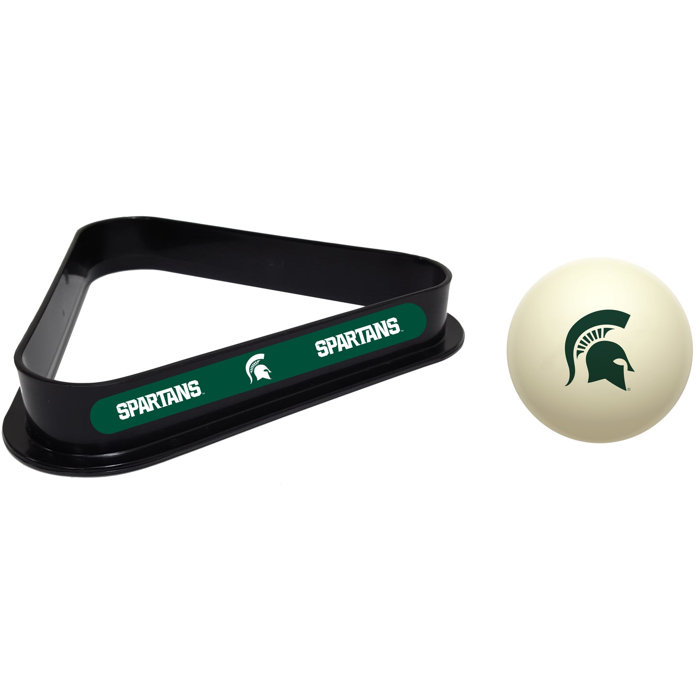 Buy Official Michigan-State-Spartans-Pool-Cue-Ball-Triangle-Rack-Set Regulation Cue Ball and Ball Rack Set - Premium Collegiate Billiards Combo View