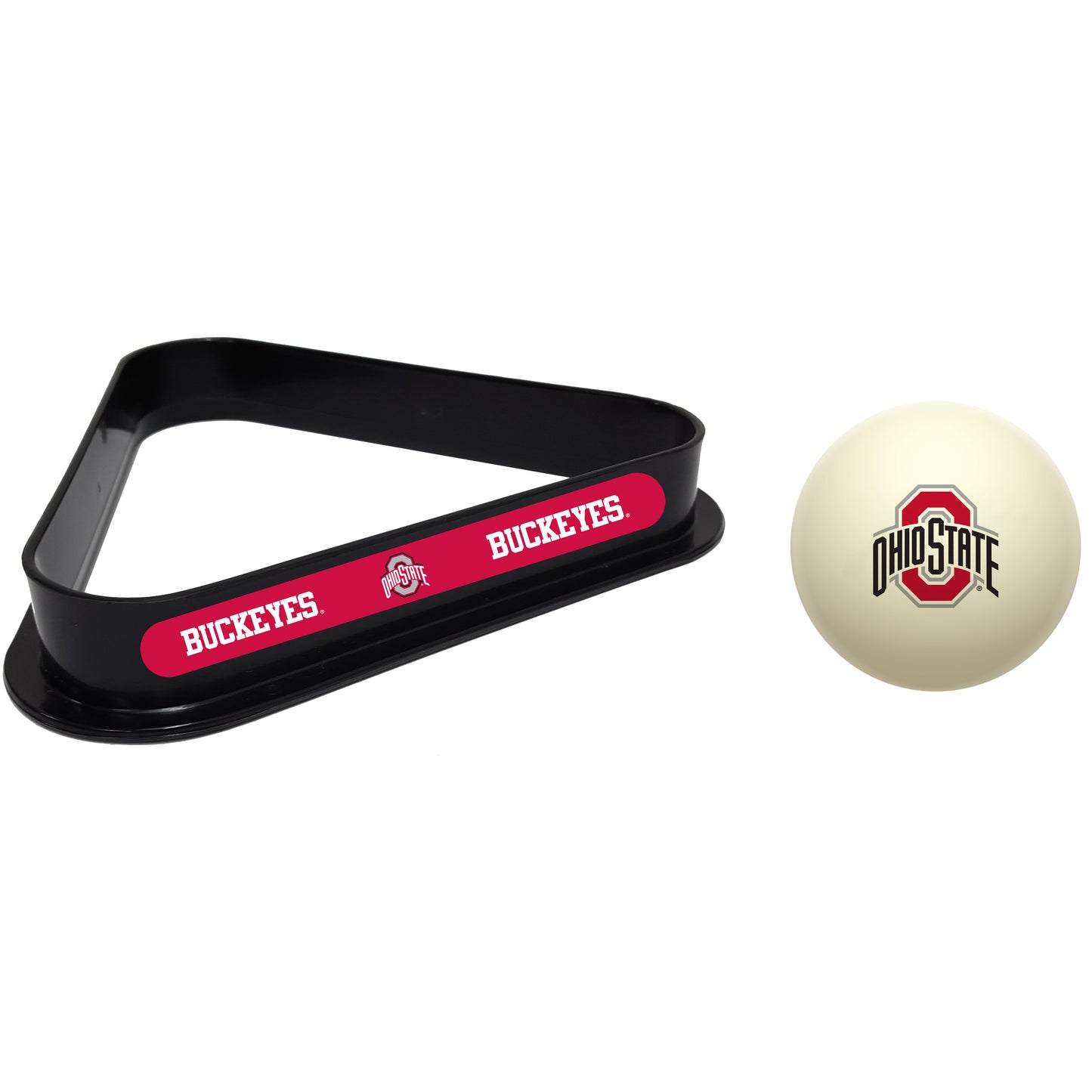 Buy Official Ohio-State-Buckeyes-Pool-Cue-Ball-Triangle-Rack-Set Regulation Cue Ball and Ball Rack Set - Premium Collegiate Billiards Combo View