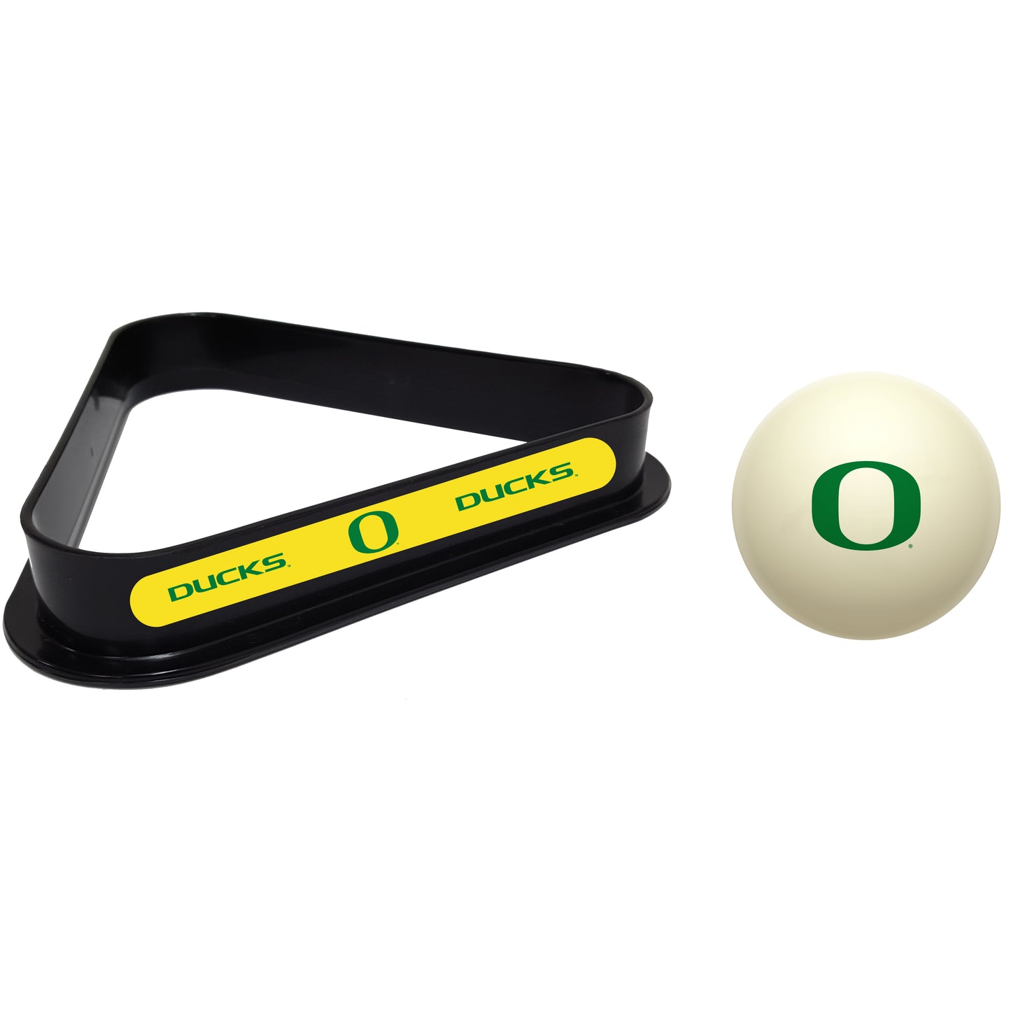 Buy Official Oregon-Ducks-Pool-Cue-Ball-Triangle-Rack-Set Regulation Cue Ball and Ball Rack Set - Premium Collegiate Billiards Combo View