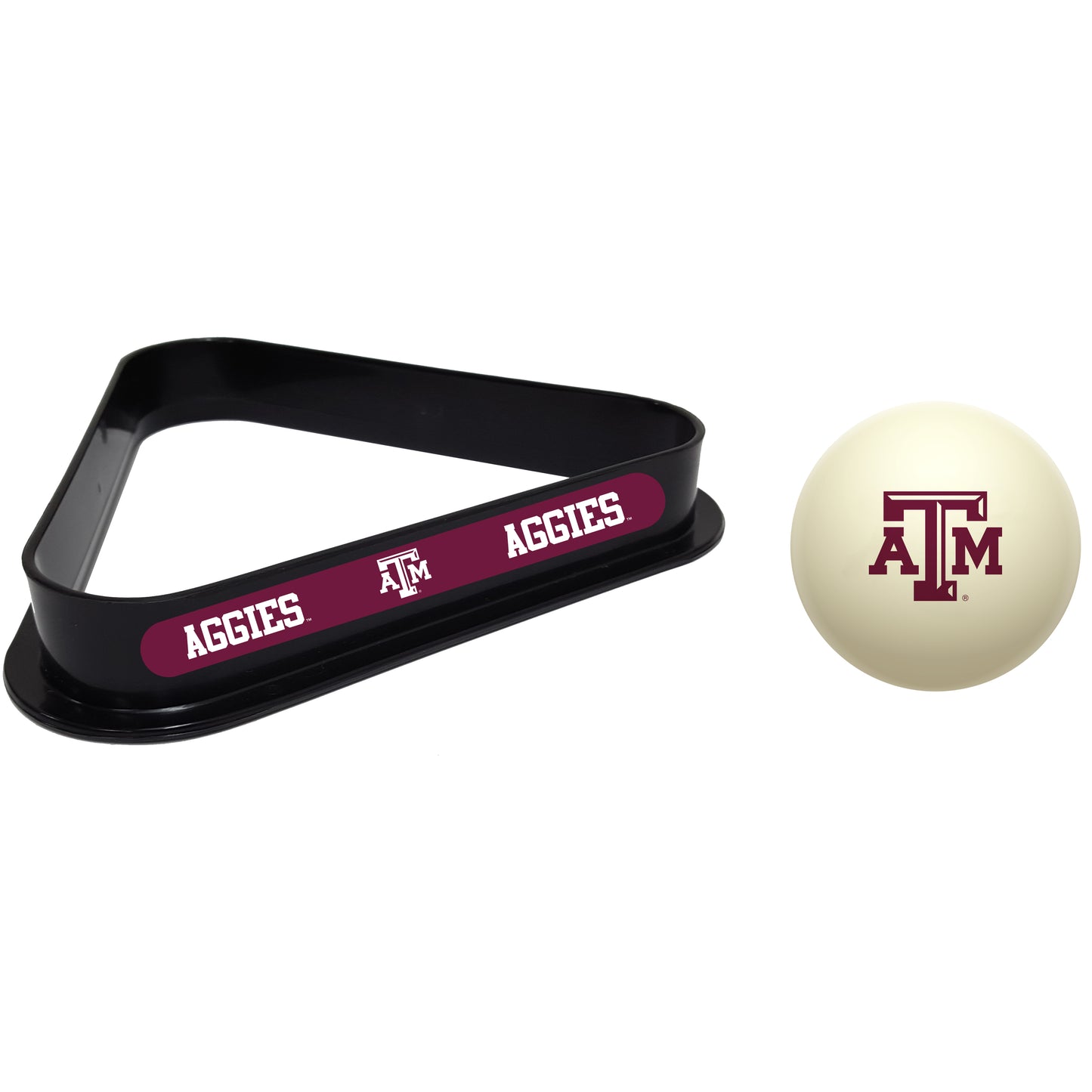Buy Official Texas-Am-Aggies-Pool-Cue-Ball-Triangle-Rack-Set Regulation Cue Ball and Ball Rack Set - Premium Collegiate Billiards Combo View