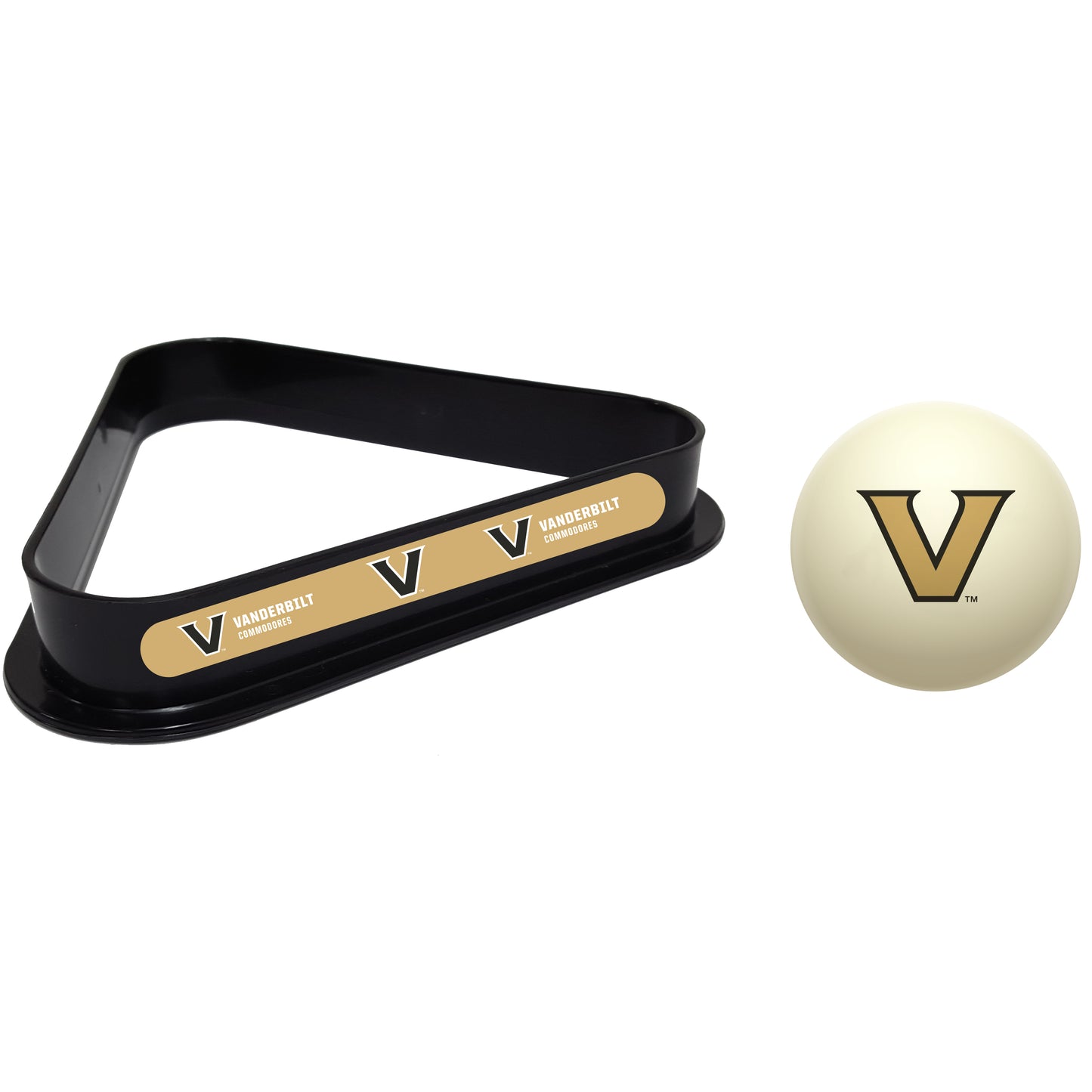 Buy Official Vanderbilt-Commodores-Pool-Cue-Ball-Triangle-Rack-Set Regulation Cue Ball and Ball Rack Set - Premium Collegiate Billiards Combo View