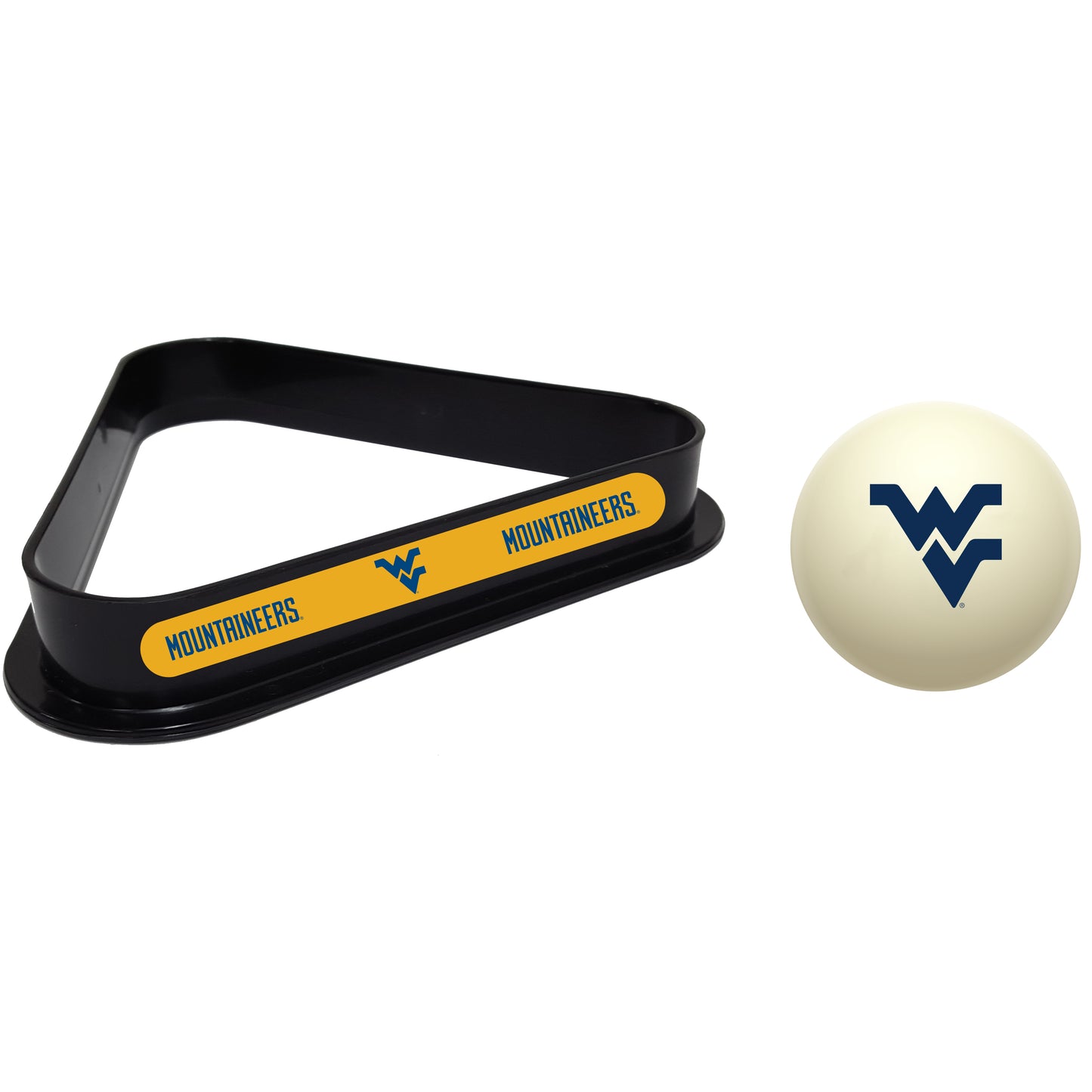 Buy Official West-Virginia-Mountaineers-Pool-Cue-Ball-Triangle-Rack-Set Regulation Cue Ball and Ball Rack Set - Premium Collegiate Billiards Combo View
