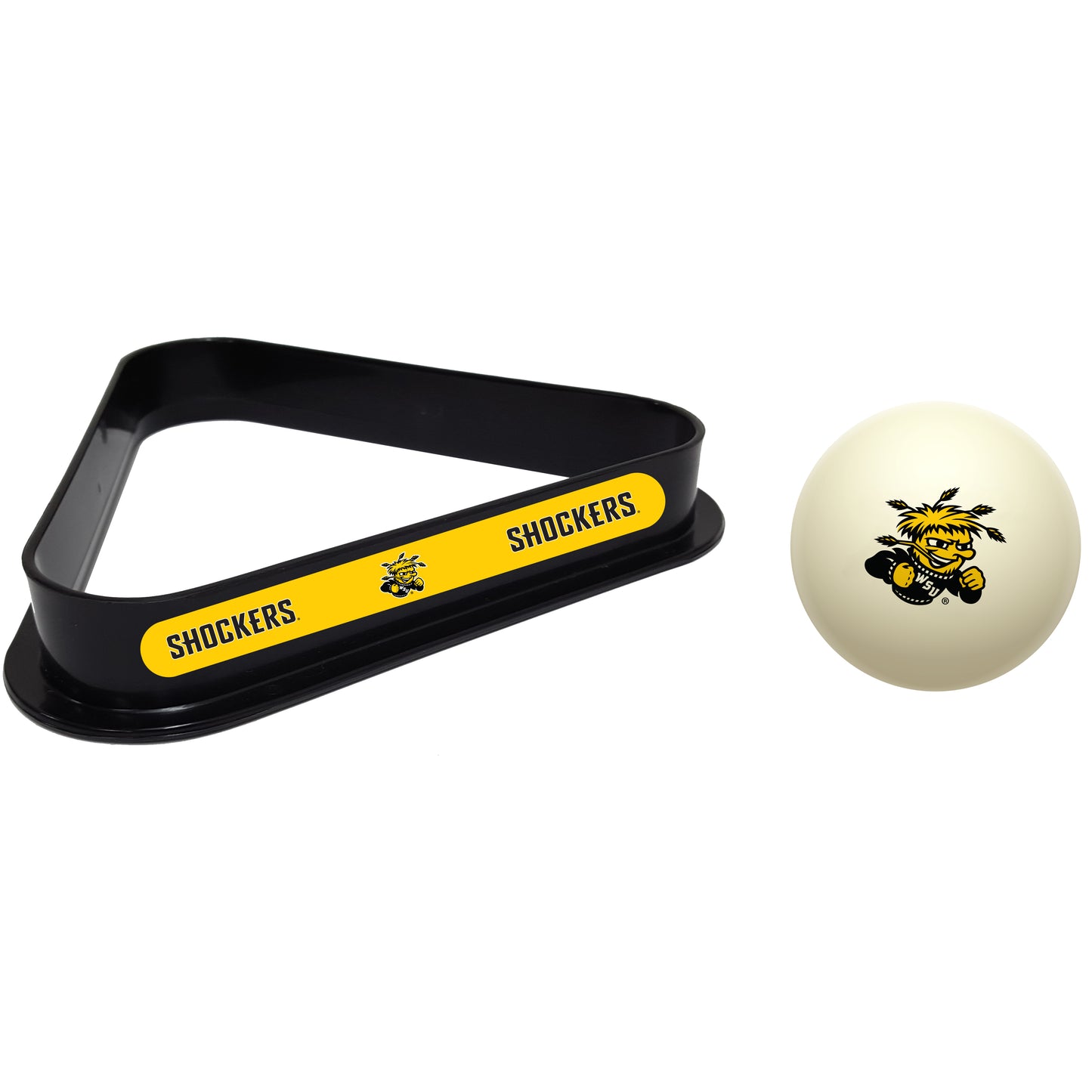 Buy Official Wichita-State-Shockers-Pool-Cue-Ball-Triangle-Rack-Set Regulation Cue Ball and Ball Rack Set - Premium Collegiate Billiards Combo View