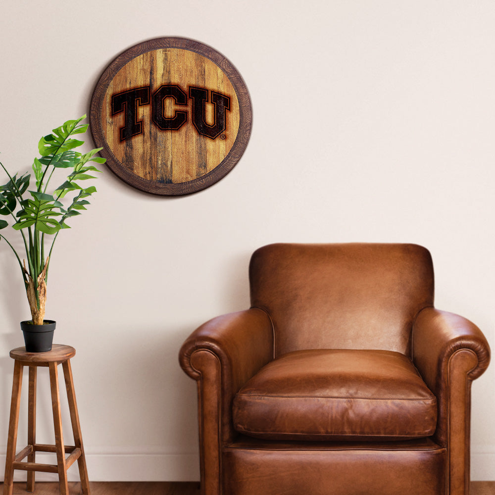 TCU Horned Frogs Branded Barrel Top Sign Room View